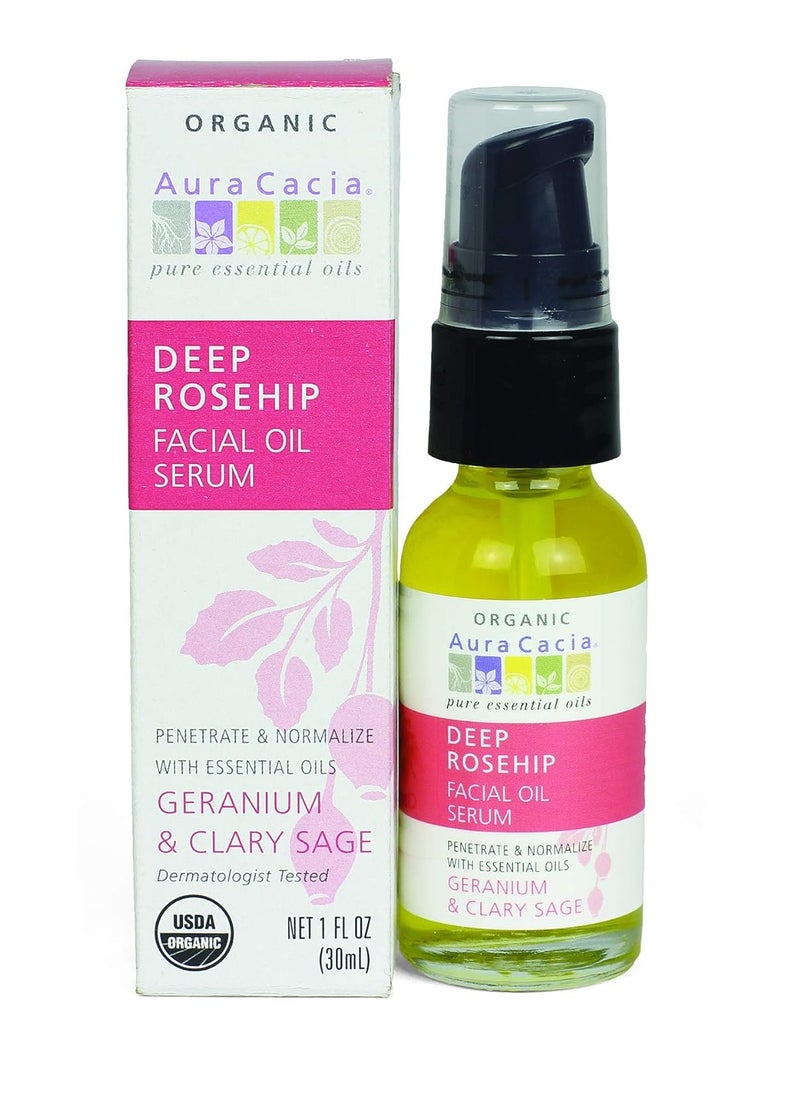 Aura Cacia Organic Deep Rosehip Facial Serum, 1-Ounce, Soothing, Moisture-Preserving Oil, Pure, Free From Synthetic Additives