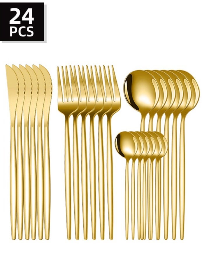 24-Piece Golden Stainless Steel Flatware Set Stainless Steel Flatware Cutlery Set Eating Utensils for 6, Spoons Forks Knives for Home Kitchen, Tableware for Dinner, Simple Design & Mirror Finish, Dishwasher Safe