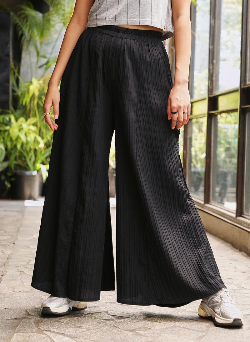 Women's Midnight Black Striped Piping Flared Trousers