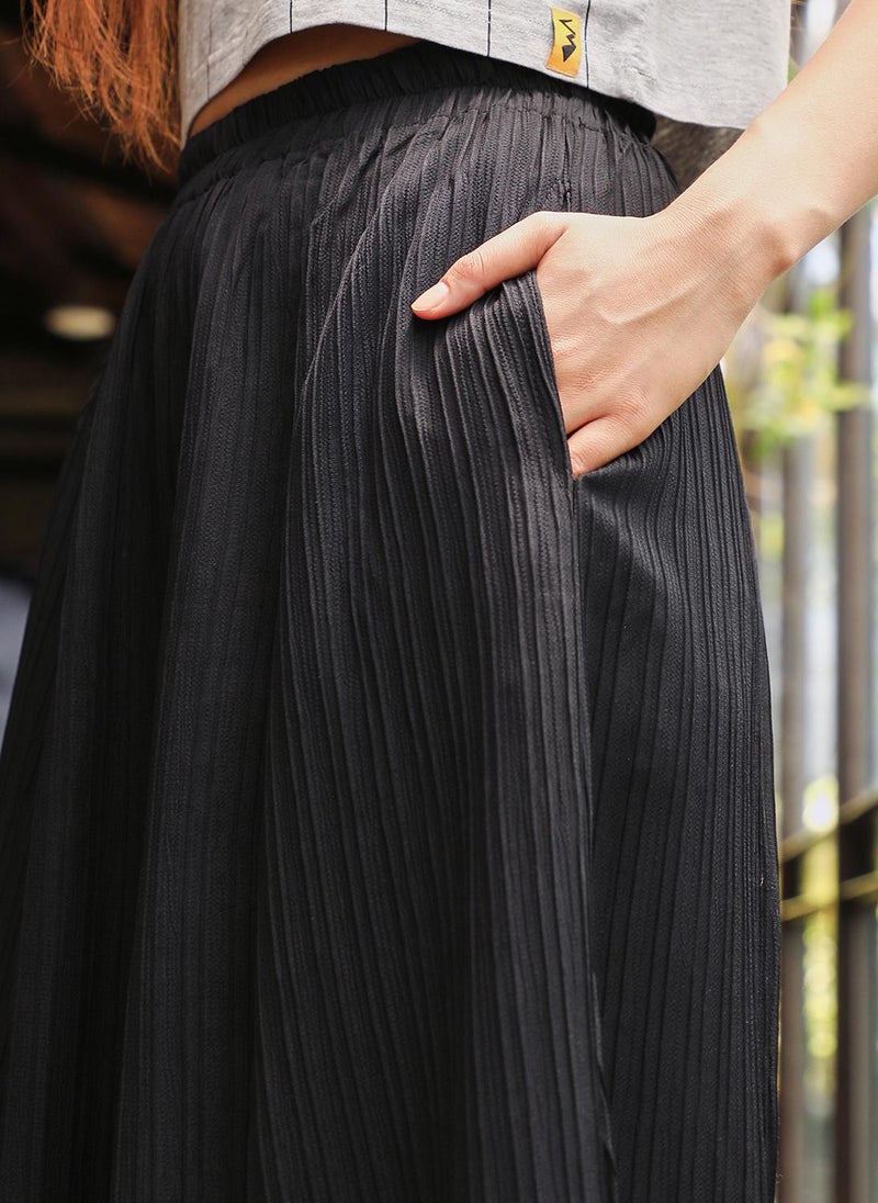 Women's Midnight Black Striped Piping Flared Trousers