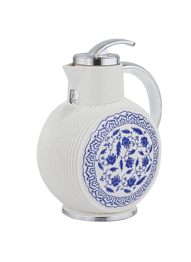 Al Jawhara thermos, white, blue rose pattern, silver handle, 0.9 liters