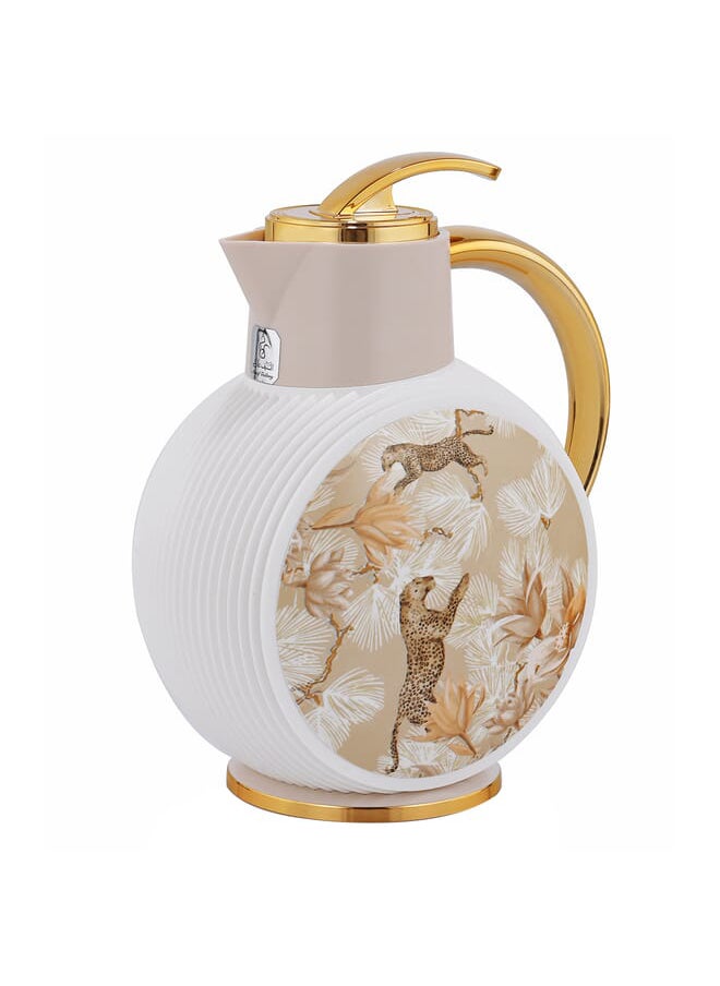 Al Jawhara thermos, light pink, tiger pattern, golden handle, 0.9 liters