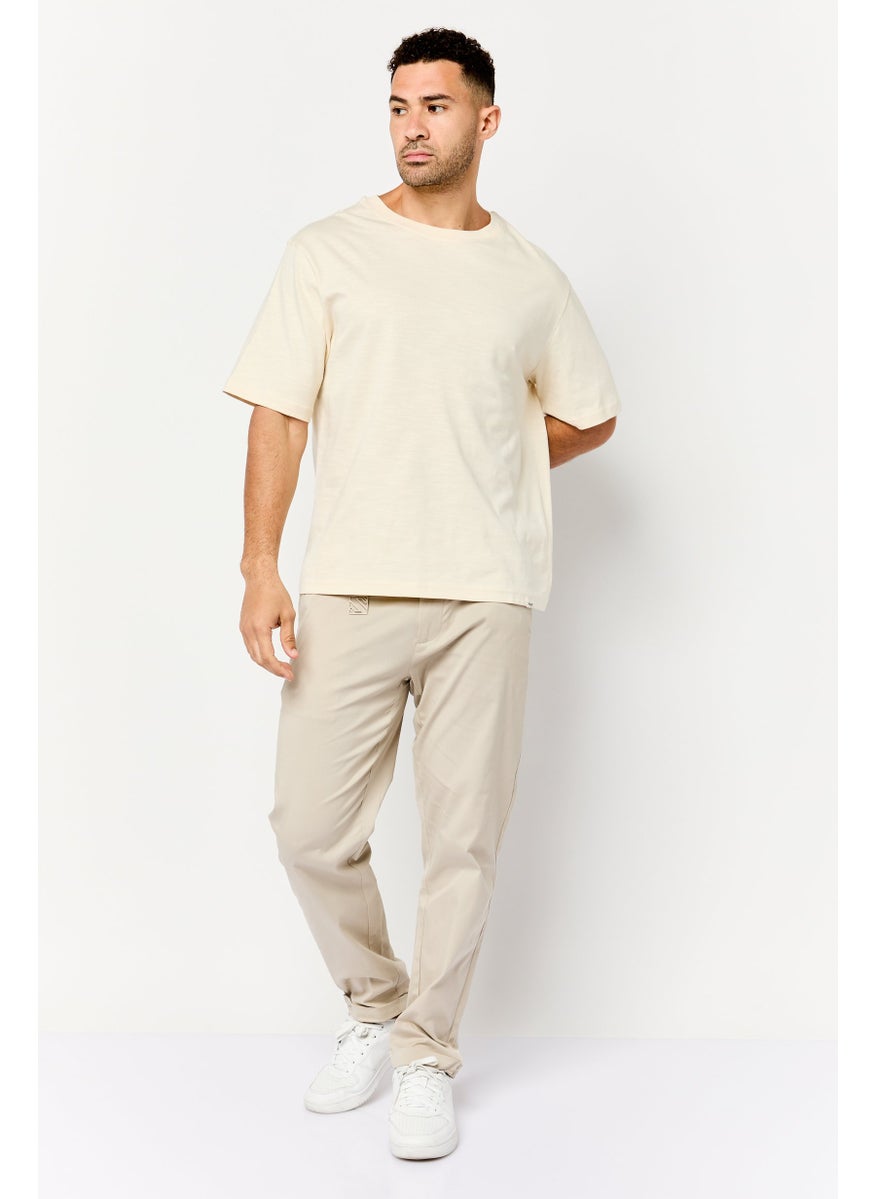 Men Crew Neck Short Sleeve Plain T-shirt, Beige