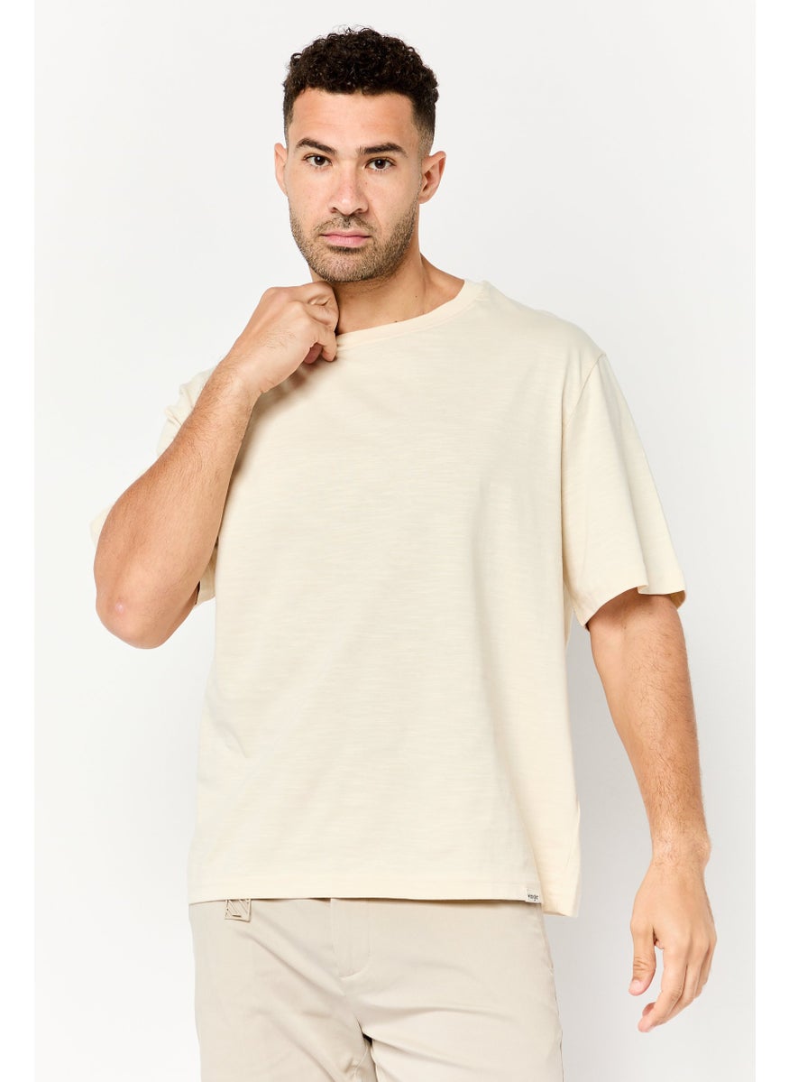 Men Crew Neck Short Sleeve Plain T-shirt, Beige