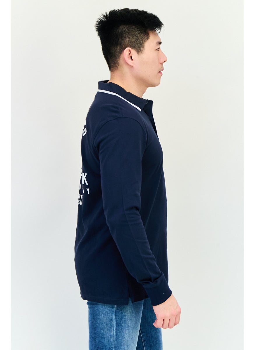 Men Regular Fit Graphic Print Long Sleeve Polo Shirt, Navy