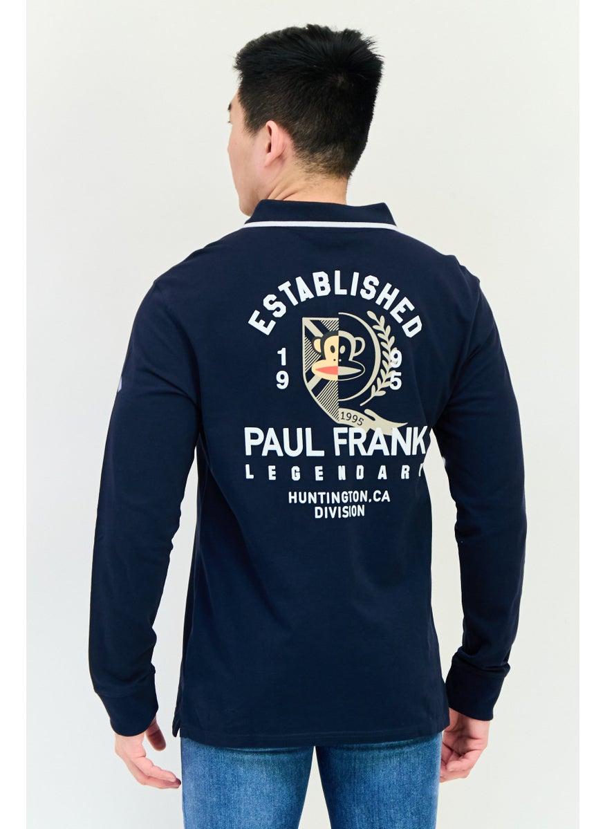 Men Regular Fit Graphic Print Long Sleeve Polo Shirt, Navy