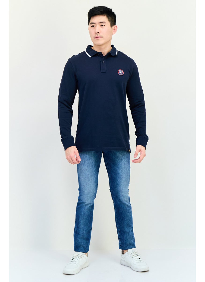 Men Regular Fit Graphic Print Long Sleeve Polo Shirt, Navy