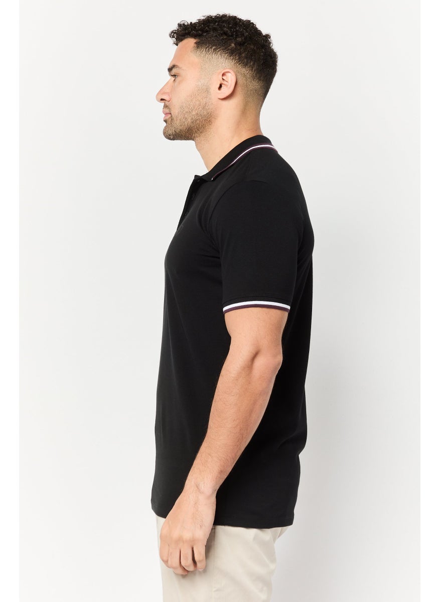 Men Regular Fit Brand Logo Short Sleeve Polo Shirt, Black