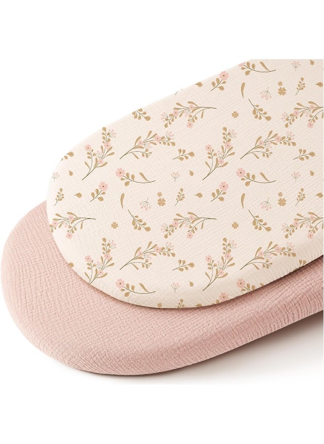 Konssy Muslin Bassinet Sheets for Baby Girl Boy, 2 Pack Soft Breathable Baby Bassinet Mattress Sheets Fit for Hourglass Oval Cradle, Moses Basket Rectangle Mattress (Floral, Pink)