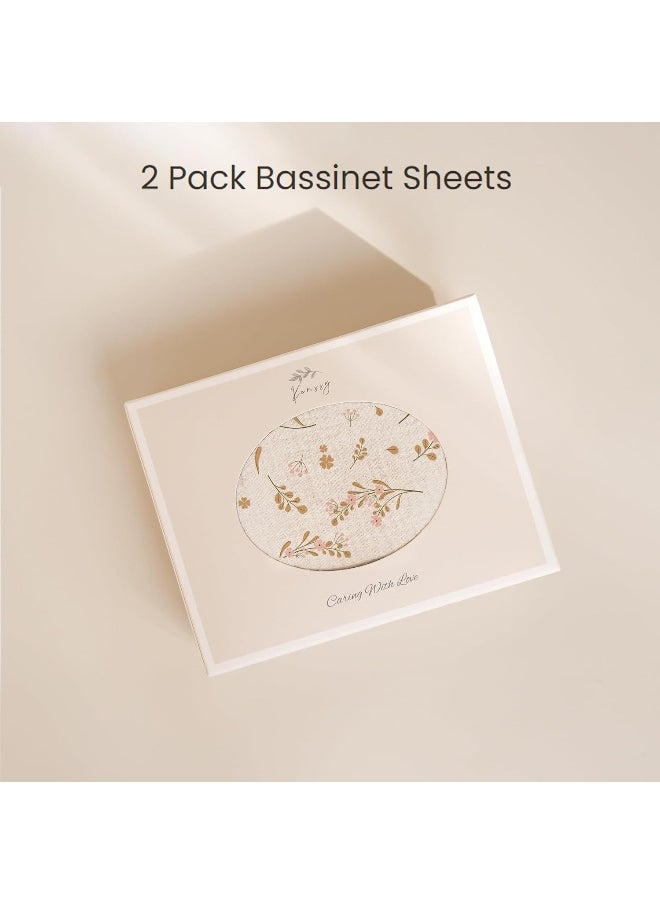 Konssy Muslin Bassinet Sheets for Baby Girl Boy, 2 Pack Soft Breathable Baby Bassinet Mattress Sheets Fit for Hourglass Oval Cradle, Moses Basket Rectangle Mattress (Floral, Pink)