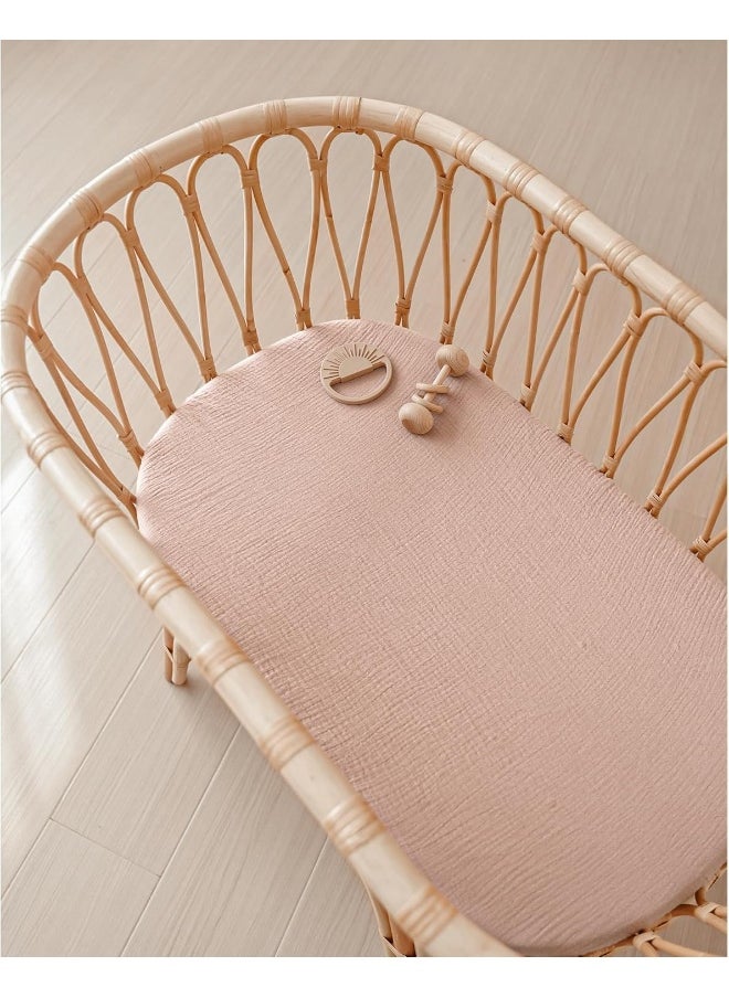 Konssy Muslin Bassinet Sheets for Baby Girl Boy, 2 Pack Soft Breathable Baby Bassinet Mattress Sheets Fit for Hourglass Oval Cradle, Moses Basket Rectangle Mattress (Floral, Pink)