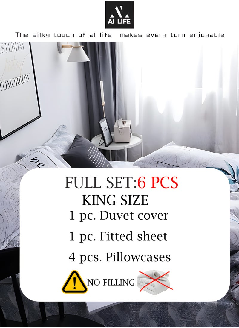 AI LIFE 6 Piece Luxury King Size Cotton Bedsheet | 1 Duvet Cover Set 220x240cm | 1 Fitted Sheet 200x200+30cm | 4 Pillow Cases 50x75cm