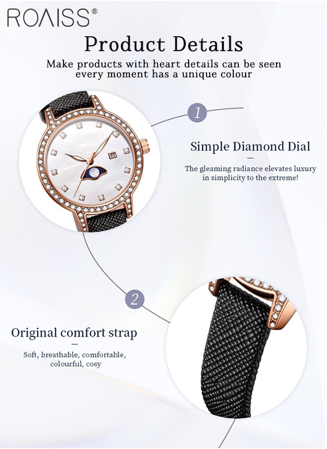 Luxury Quartz Watch for Women, Analog Display Mother of Pearl Dial with Zircon Decoration, Stylish Retro Wristwatch with Moon Phase Date Design, as Gift for Ladies