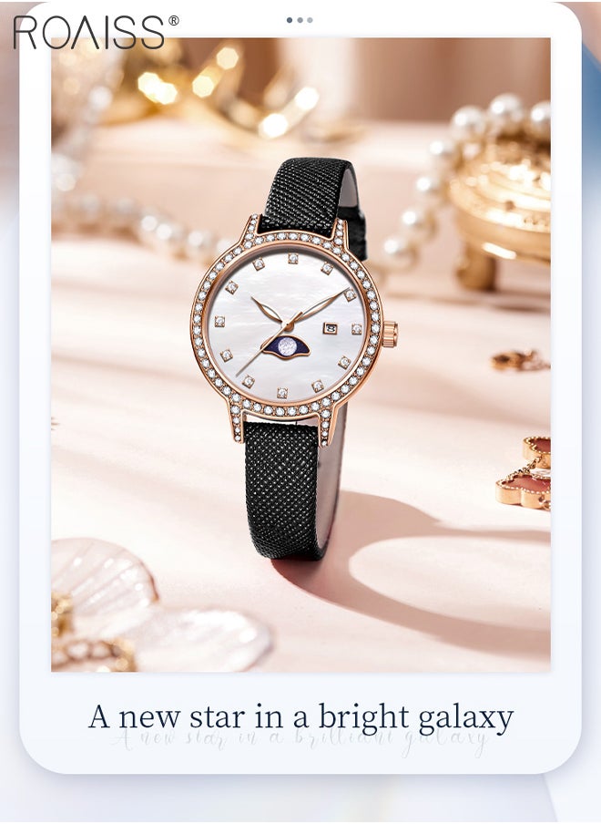 Luxury Quartz Watch for Women, Analog Display Mother of Pearl Dial with Zircon Decoration, Stylish Retro Wristwatch with Moon Phase Date Design, as Gift for Ladies