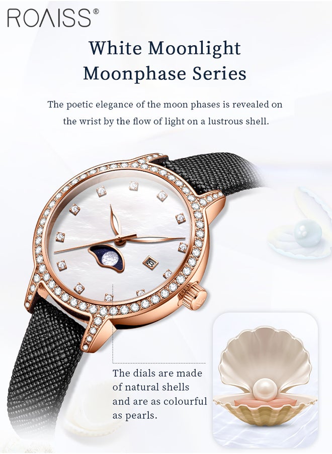 Luxury Quartz Watch for Women, Analog Display Mother of Pearl Dial with Zircon Decoration, Stylish Retro Wristwatch with Moon Phase Date Design, as Gift for Ladies
