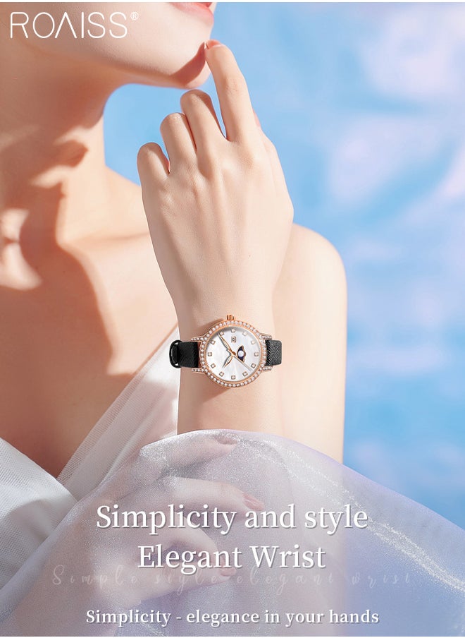 Luxury Quartz Watch for Women, Analog Display Mother of Pearl Dial with Zircon Decoration, Stylish Retro Wristwatch with Moon Phase Date Design, as Gift for Ladies