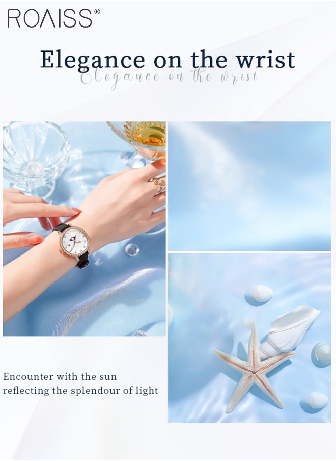 Luxury Quartz Watch for Women, Analog Display Mother of Pearl Dial with Zircon Decoration, Stylish Retro Wristwatch with Moon Phase Date Design, as Gift for Ladies
