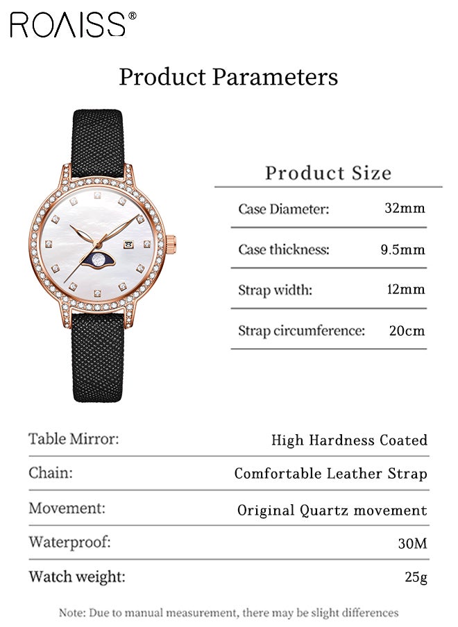 Luxury Quartz Watch for Women, Analog Display Mother of Pearl Dial with Zircon Decoration, Stylish Retro Wristwatch with Moon Phase Date Design, as Gift for Ladies