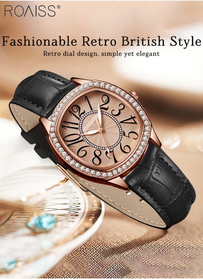 Women's PU Leather Quartz Watch, Analog Display Square Dial with Rhinestones Decorated Bezel, Waterproof Elegant Wristwatch as Gift for Ladies