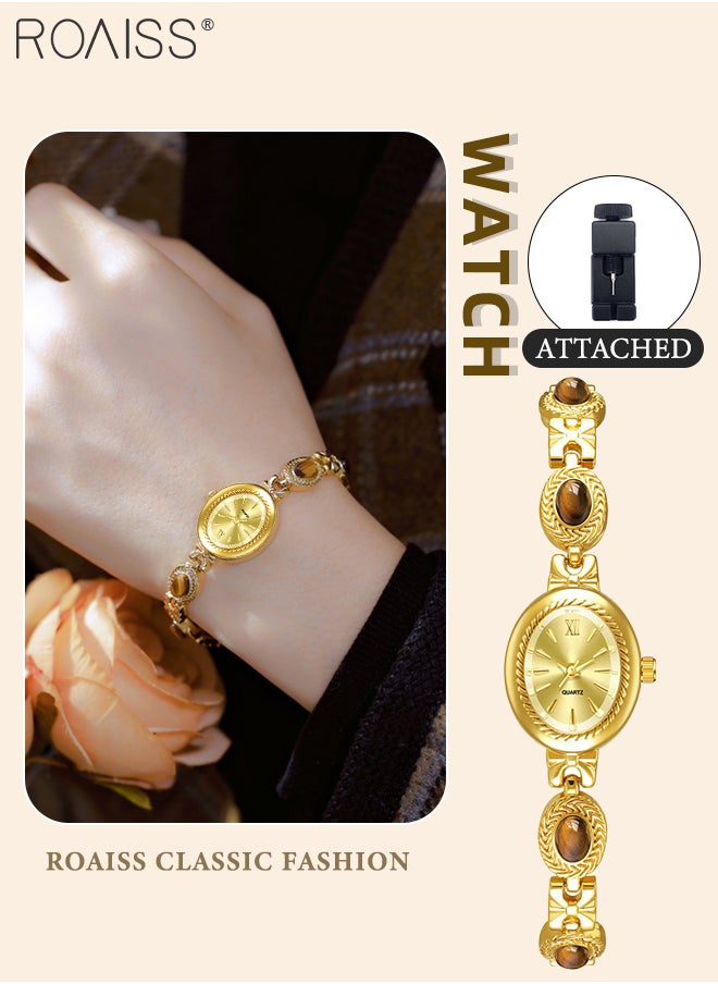 Women's Gold Watch Vintage Bracelet Luxury Natural Gemstone Oval Dial Analog Quartz Wristwatch as Gift for women