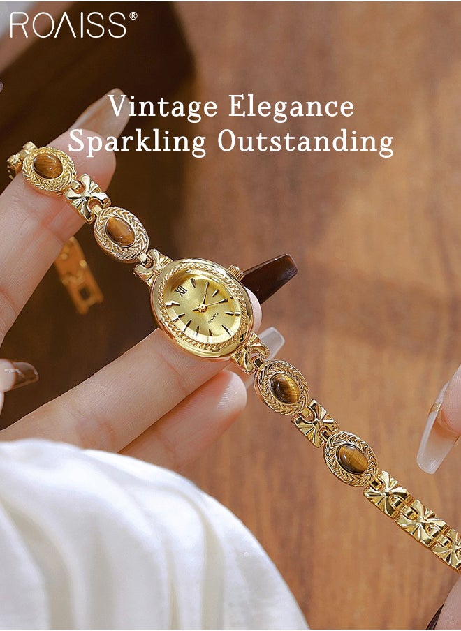 Women's Gold Watch Vintage Bracelet Luxury Natural Gemstone Oval Dial Analog Quartz Wristwatch as Gift for women