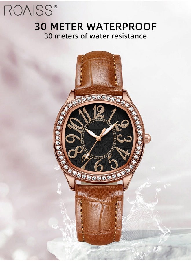 Women's PU Leather Quartz Watch, Analog Display Square Dial with Rhinestones Decorated Bezel, Waterproof Elegant Wristwatch as Gift for Ladies