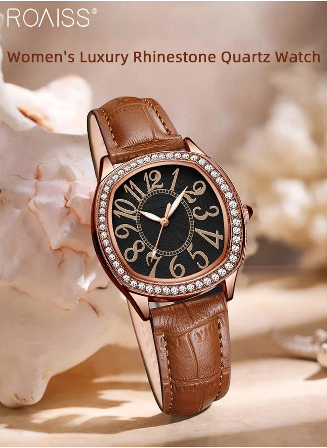 Women's PU Leather Quartz Watch, Analog Display Square Dial with Rhinestones Decorated Bezel, Waterproof Elegant Wristwatch as Gift for Ladies