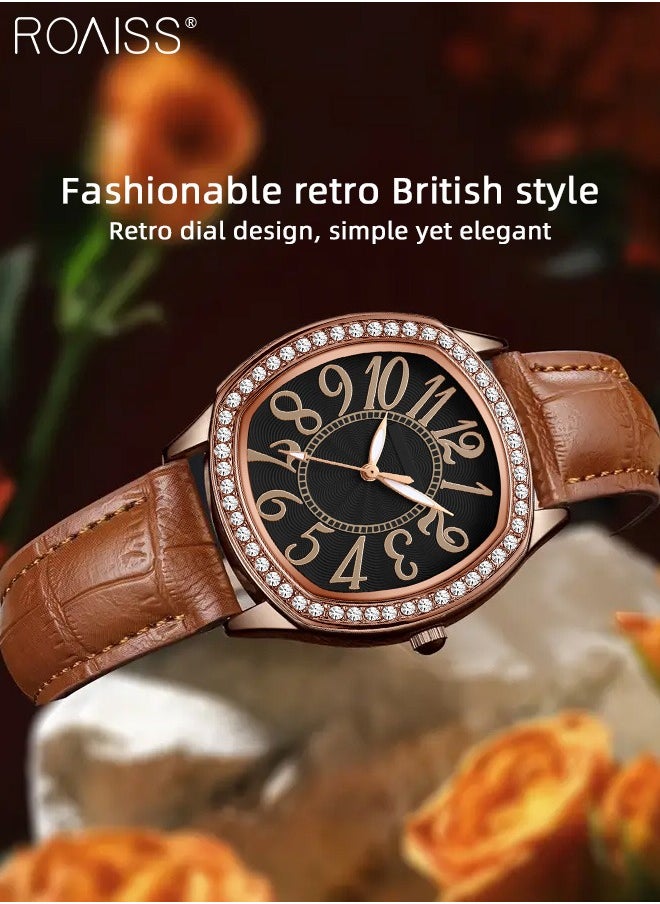 Women's PU Leather Quartz Watch, Analog Display Square Dial with Rhinestones Decorated Bezel, Waterproof Elegant Wristwatch as Gift for Ladies