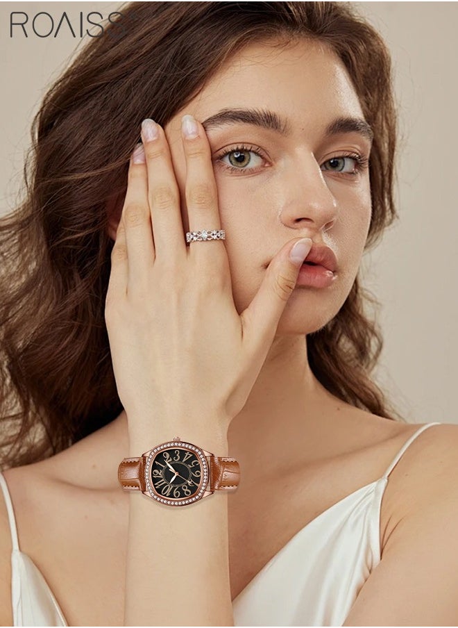 Women's PU Leather Quartz Watch, Analog Display Square Dial with Rhinestones Decorated Bezel, Waterproof Elegant Wristwatch as Gift for Ladies