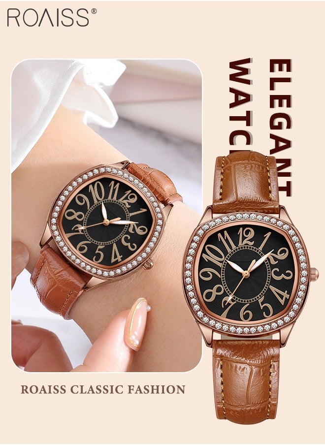 Women's PU Leather Quartz Watch, Analog Display Square Dial with Rhinestones Decorated Bezel, Waterproof Elegant Wristwatch as Gift for Ladies