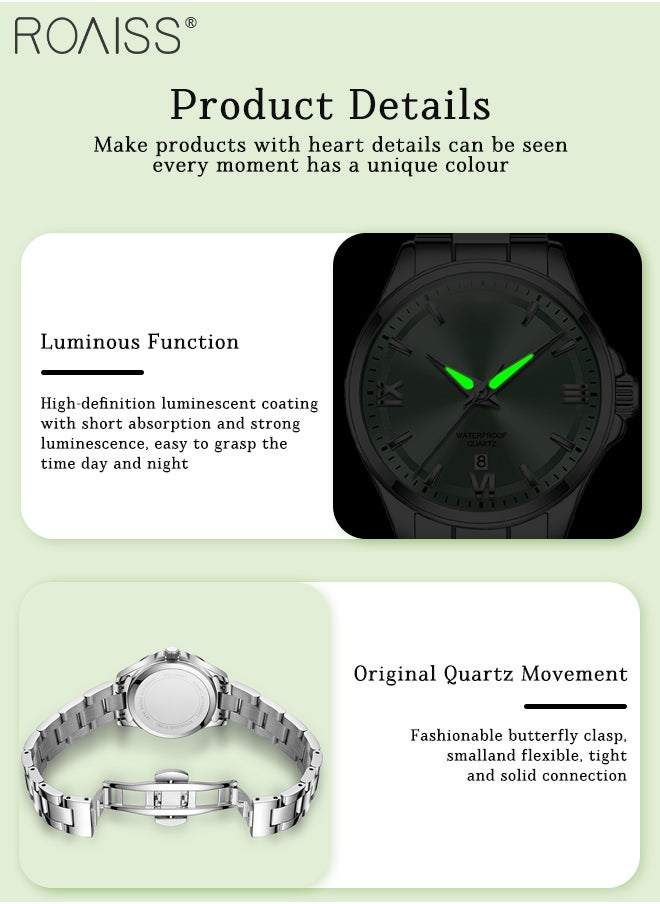 Women's Steel Band Round Quartz Watch, Analog Display Green Dial with Date Display, Stylish Casual Business Wristwatch, Waterproof Luminous,as Gift for Ladies