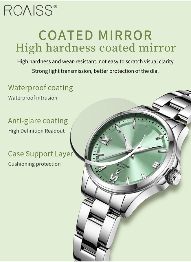 Women's Steel Band Round Quartz Watch, Analog Display Green Dial with Date Display, Stylish Casual Business Wristwatch, Waterproof Luminous,as Gift for Ladies