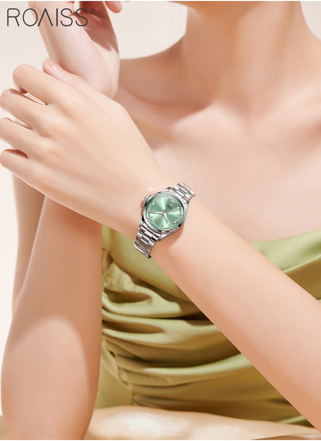 Women's Steel Band Round Quartz Watch, Analog Display Green Dial with Date Display, Stylish Casual Business Wristwatch, Waterproof Luminous,as Gift for Ladies