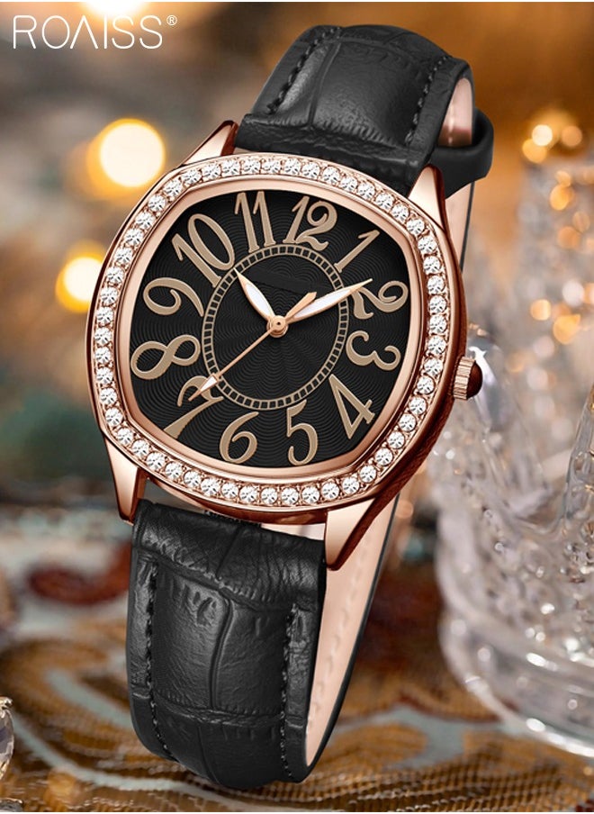 Women's PU Leather Quartz Watch, Analog Display Square Dial with Rhinestones Decorated Bezel, Waterproof Elegant Wristwatch as Gift for Ladies