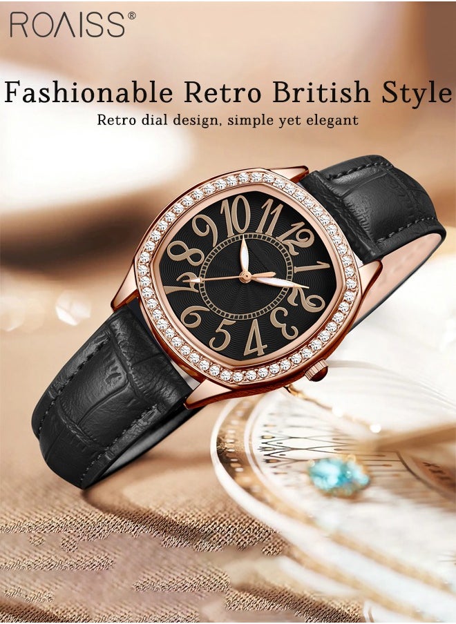 Women's PU Leather Quartz Watch, Analog Display Square Dial with Rhinestones Decorated Bezel, Waterproof Elegant Wristwatch as Gift for Ladies