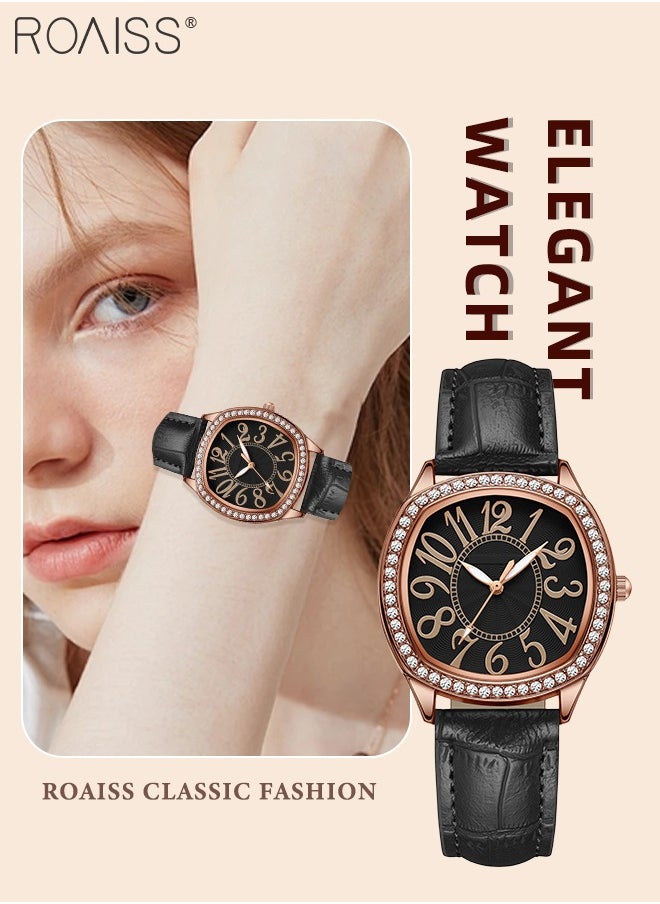 Women's PU Leather Quartz Watch, Analog Display Square Dial with Rhinestones Decorated Bezel, Waterproof Elegant Wristwatch as Gift for Ladies