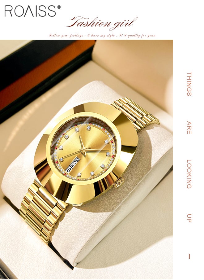 Women's Retro Quartz Watch,Analog Display Round Gold Dial with Zircon Decoration, Luxury Waterproof Steel Band Wristwatch as Gift for Ladies