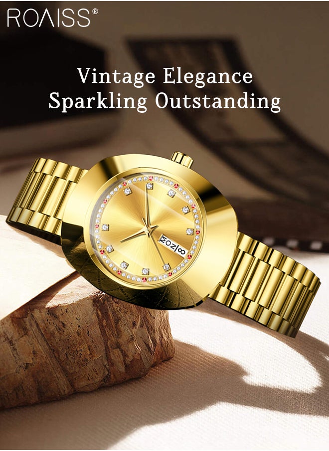 Women's Retro Quartz Watch,Analog Display Round Gold Dial with Zircon Decoration, Luxury Waterproof Steel Band Wristwatch as Gift for Ladies