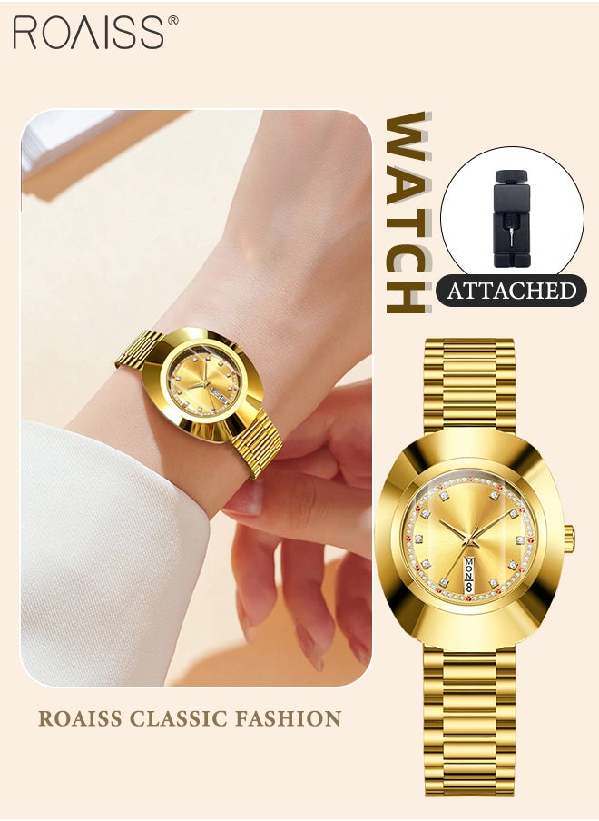 Women's Retro Quartz Watch,Analog Display Round Gold Dial with Zircon Decoration, Luxury Waterproof Steel Band Wristwatch as Gift for Ladies