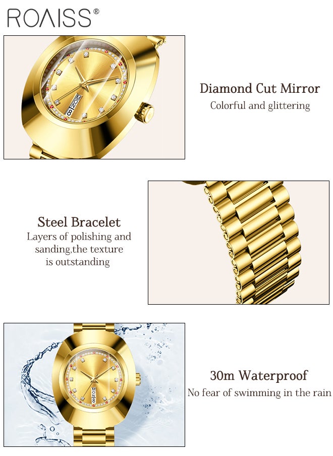 Women's Retro Quartz Watch,Analog Display Round Gold Dial with Zircon Decoration, Luxury Waterproof Steel Band Wristwatch as Gift for Ladies