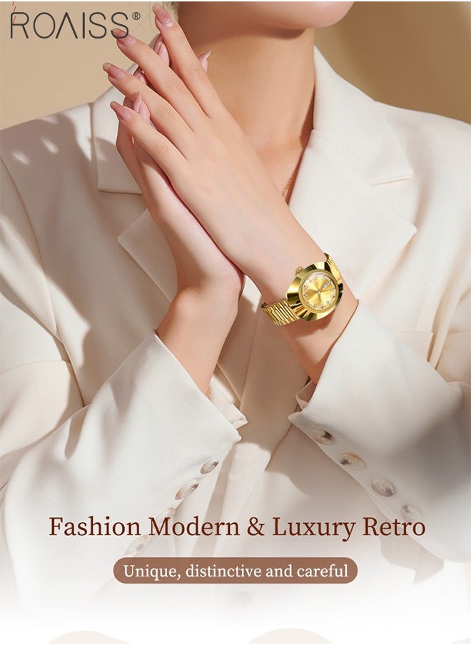 Women's Retro Quartz Watch,Analog Display Round Gold Dial with Zircon Decoration, Luxury Waterproof Steel Band Wristwatch as Gift for Ladies