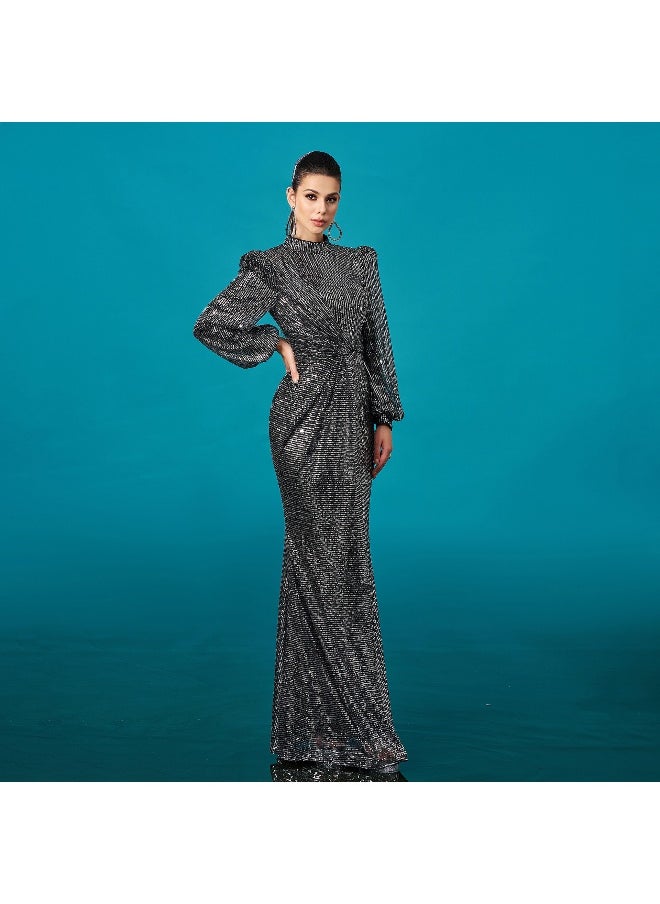 New Luxurious Long Sleeve Round Neck Sequin Mermaid Evening Gown Dress
