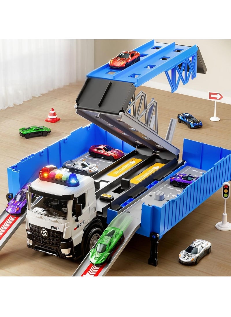 Race Car Track Toy for Kids, Foldable Race Transport Car Carrier Toy for Toddlers Cars Toy Set Container Truck Toy with 1 Truck And 8 Race Cars Vehicles Toy Set for 3+ Kids Boys Girls