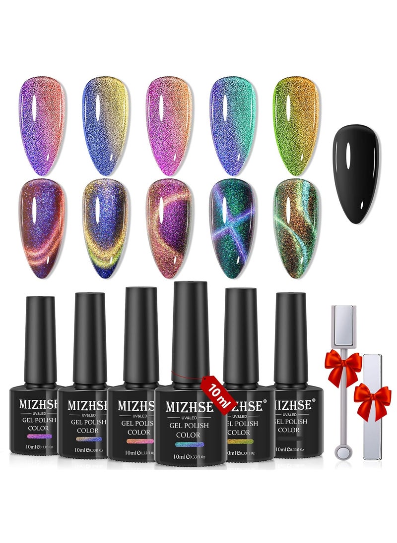 MIZHSE 9D Cat Eye Gel Nail Polish Set, Magnetic Gel Polish 10ml 6 Colors with 2 Magnet Sticks, Chameleon Galaxy Shiny Magic Effect Cateye Nail Polish Soak off Nail Art Gift for Women
