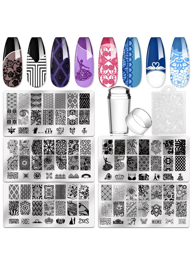 Biutee 5pcs Nail Stamping Plates + 1 Stamper + 1 Scraper Lace Flower Animal Pattern Nail Art Stamp Stamping Template Image Plate Nail Art Stamper Scraper Nails Tool