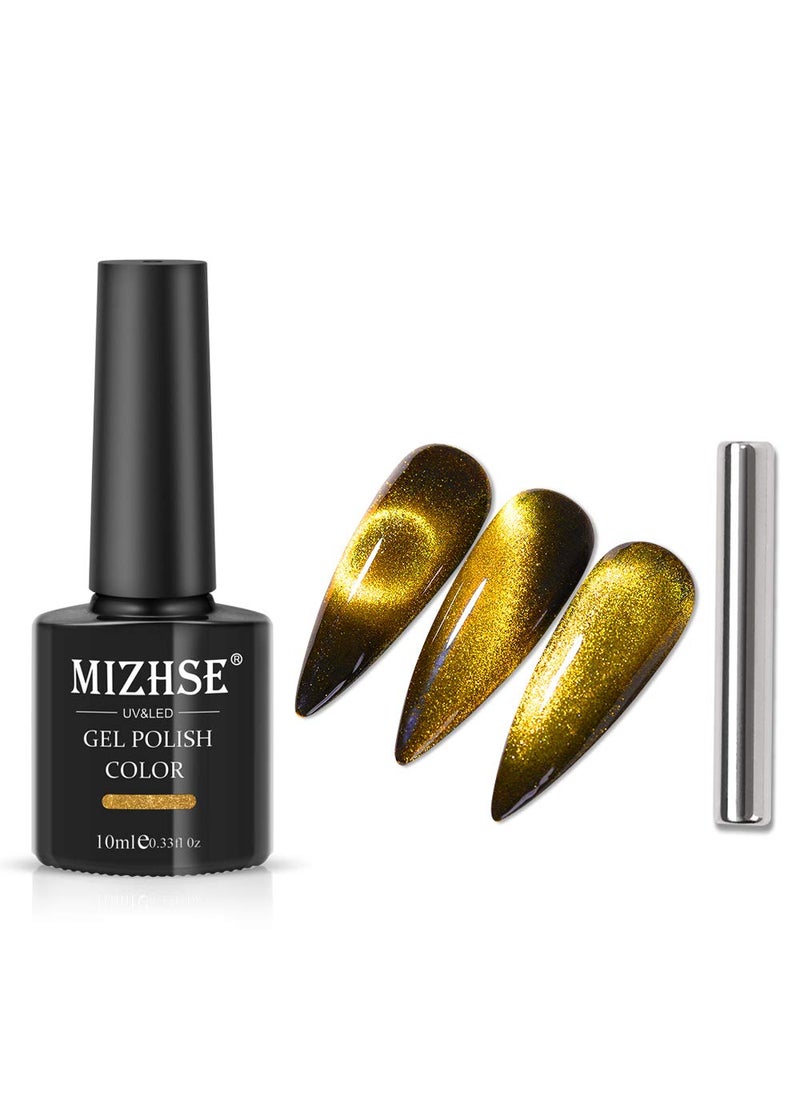 MIZHSE Universal Gold Cat Eye Gel Nail Polish, 9D Wide Magnetic Gel Polish with Magnet Stick, 10 ml Galaxy Effect Bright Glitter Shimmer Cateye Nail Gel Soak Off Nail Art Manicure DIY at Home
