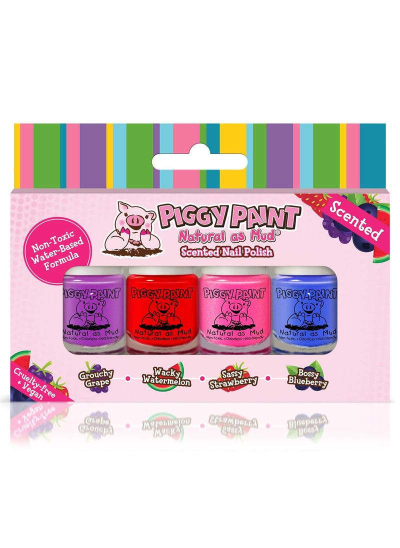 PIGGY PAINT 100% Non-toxic Girls Nail Polish - Safe, Chemical Free Low Odor for Kids, SCENTED 4 Polish Set