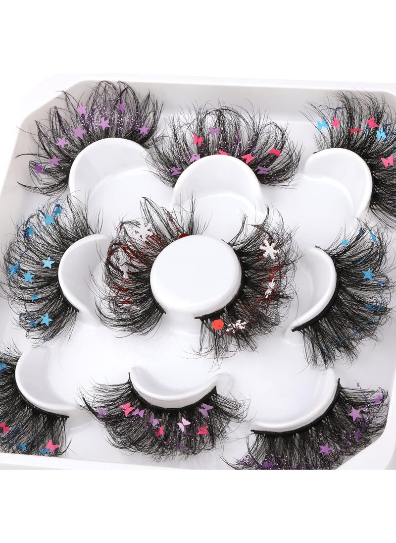 wiwoseo False Eyelashes Fluffy Wispy Faux Mink Lashes Valentines Festival Long Dramatic 3D Star Butterfly Snow Decorative 25MM Fake Eyelashes for New Year Cosplay Party