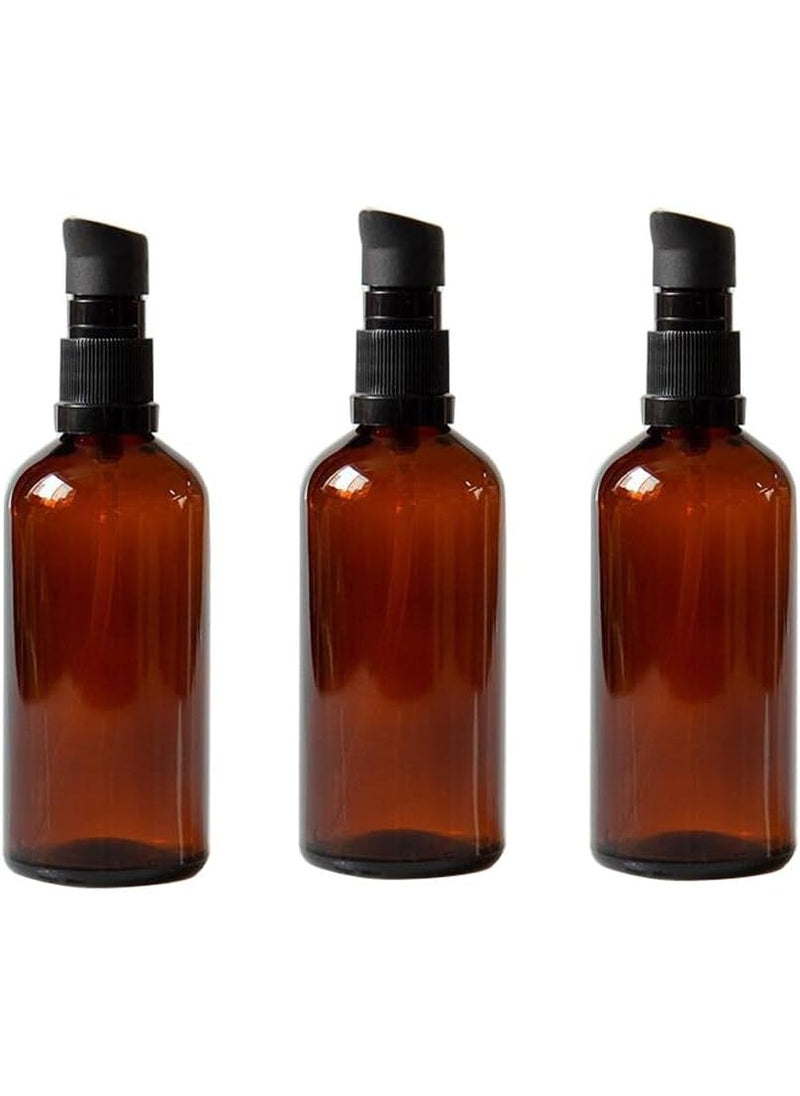 3PCS 100ml / 3.34oz Empty Refillable Amber Glass Cosmetic Pump Press Lotion Bottles Makeup Sample Packing Cream Lotion Bath Shower Conditioner Storage Container Dispenser Vial Pot