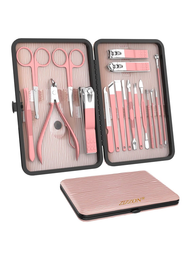 ZIZZON Manicure Set 18 in 1 Professional Pedicure Set Nail scissors Grooming Kit with Leather Travel Case Pink
